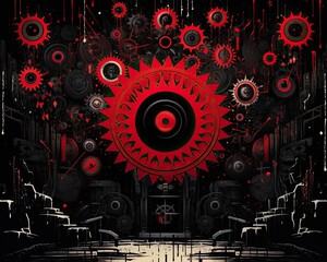The image features a black and red abstract background with gears, circles, and a speaker. (Generative AI)