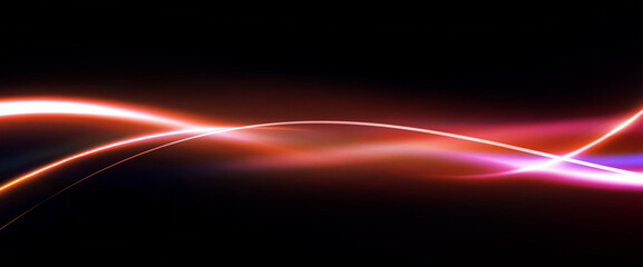 Abstract Futuristic neon light trails with motion blur effect, speed background. Beautiful light. Magic sparks. Mystical shine streaks. Magic of moving fast motion, horizontal light rays. Vector EPS10