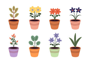 Fototapeta premium Set of potted flowers vector set in flat cartoon style