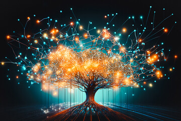 Futuristic tree neural  illuminating network, colorful neon glowing abstract, generative AI.