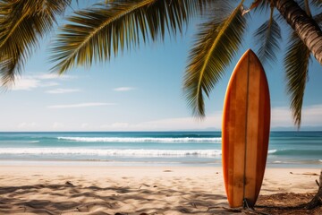 Surfboard And Palm Tree On Beach Background, Generative AI 