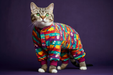 The cat's pajamas, a cat wearing one piece PJ's, Generative AI