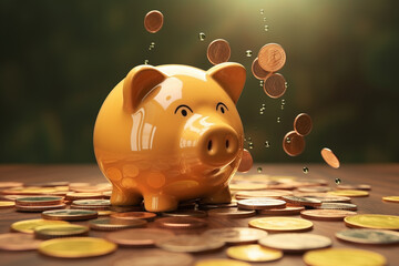 An image of a piggy bank, coins and raindrops falling - Generative AI