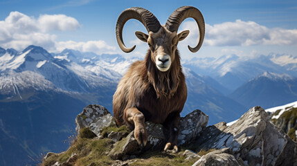 a billy goat in the alps on a mountain. Generative AI - obrazy, fototapety, plakaty