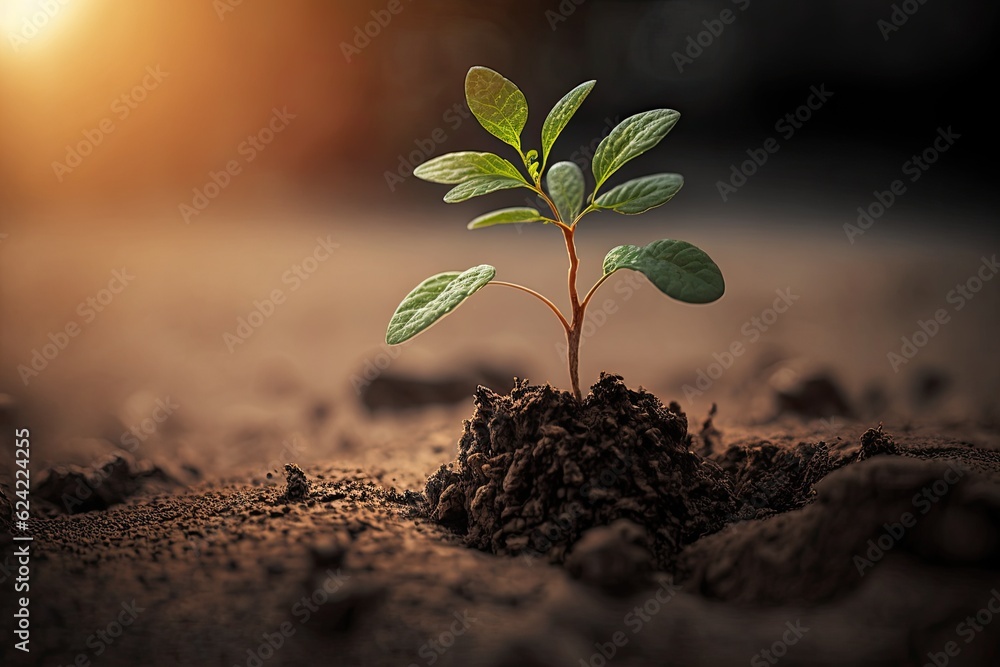 Poster seedling emerging from soil into the sunlight. generative ai