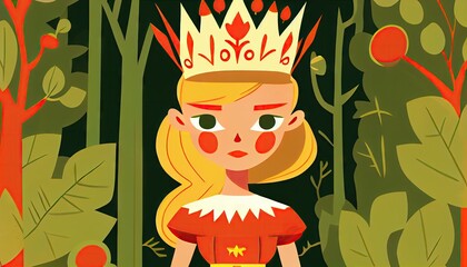 Pretty cartoon princess character in the abstract flower forest with serene face. Fairytale kids baby or children book style character. Generative AI