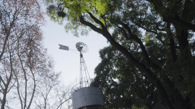 Viejo molino de viento de metal, parque bajo los &aacute;rboles en invierno