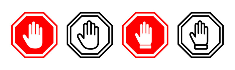 Fototapeta premium Stop icon set illustration. stop road sign. hand stop sign and symbol. Do not enter stop red sign with hand