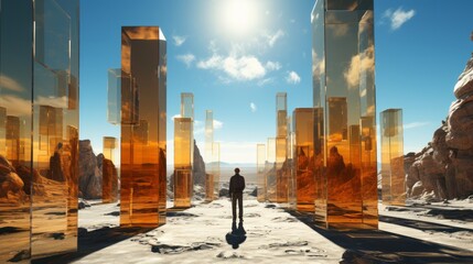 View on a man in an abstract Glass Sculpture City on deserted Land.