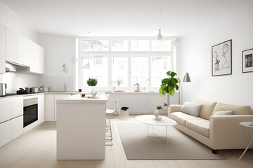 interior design spacious bright studio apartment in Scandinavian style and warm pastel white and beige colors. trendy furniture in the living area and modern details in the kitchen area.