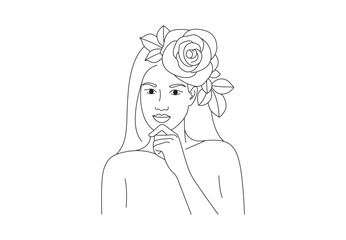  Beautiful woman with flowers on head vector one line drawing Monochrome line art floral minimalist print. Female beauty concept vector illustration. Premium vector.
