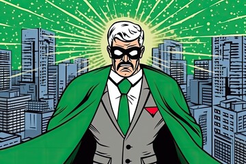 superhero in a green cape standing proudly in front of a bustling cityscape. Generative AI