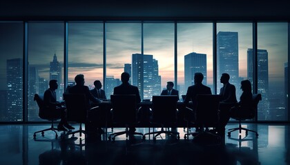 Business People in a Board Room Meeting Early Morning Silhoutte
