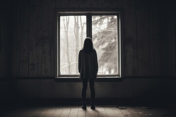 Fototapeta na wymiar Stressed woman looking outside through a window in a dark room, Generative AI.