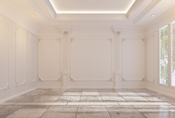 The interior of the empty room in a classic style features a warm and inviting atmosphere with a color scheme dominated by beige tones with hidden ceiling lights and shiny tile floors.3d rendering