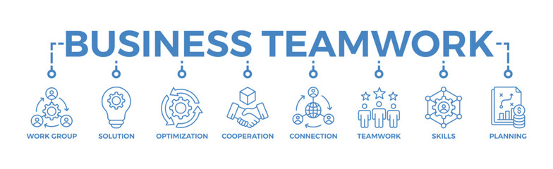 Business teamwork banner web icon vector illustration concept with icon of work group, solution, optimization, cooperation, connection, teamwork, skills, planning