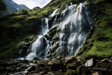 Beautiful waterfalling poring at the side of a mountain