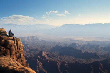 Fototapeta premium Person sitting at the edge of a mountain cliff overlooking a beautiful landscape
