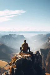 Foto op Canvas Person sitting at the edge of a mountain cliff overlooking a beautiful landscape © Jeremy