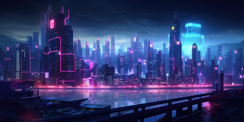 Futuristic neon cyberpunk cityscape at night time