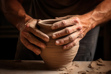 Hands of a potter at work on a clay vase