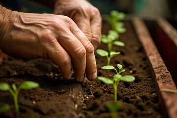 Closeup of hands planting seedlings in the soil