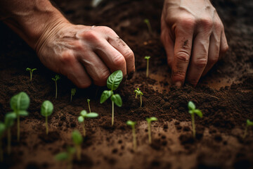Closeup of hands planting seedlings in the soil