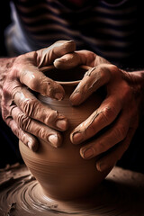 Hands of a potter at work on a clay vase