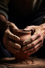 Hands of a potter at work on a clay vase