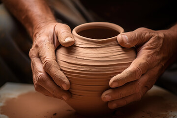 Fototapeta na wymiar Hands of a potter at work on a clay vase