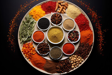 Variety of colorful spices and herbs