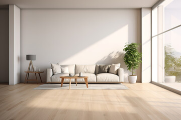 Fototapeta premium Modern and open floor living room with big white wall