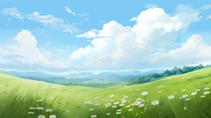 Zelfklevend Fotobehang Green field with wildflowers and blue sky landscape background. Generative AI © Virtual Art Studio