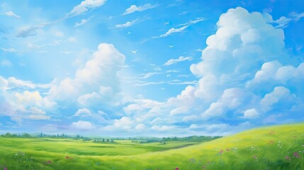 Green field with wildflowers and blue sky landscape background. Generative AI - obrazy, fototapety, plakaty