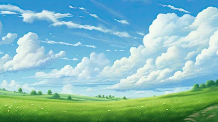 Gordijnen Green field with wildflowers and blue sky landscape background. Generative AI © Virtual Art Studio