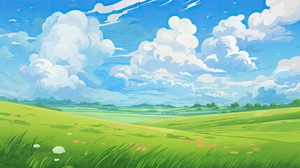 Green field with wildflowers and blue sky landscape background. Generative AI