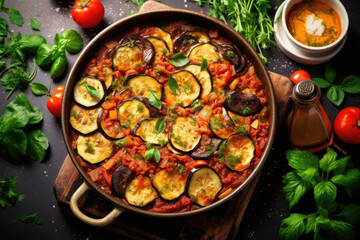 French cuisine, Ratatouille, vegetable stew of sliced eggplant, zucchini, onion, potato and tomatoes