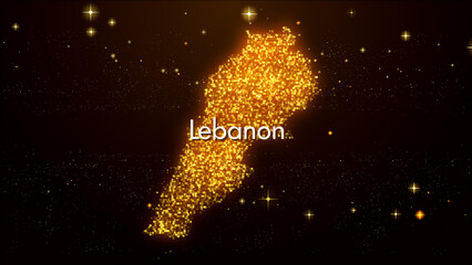 Fototapeta premium Abstract Golden Orange Glowing Shiny Blurry Focus Sparks Dots Mosaic Lebanon Map And Label Text With Stars Particles