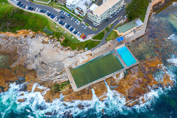 Panoramic drone aerial view over Dee Why rock pool