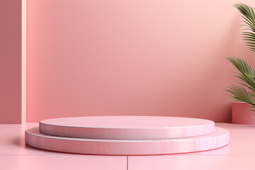 Fototapeta na wymiar Minimal empty podium for product presentation on pink background. Generative AI