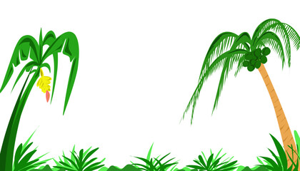 The background illustration with a tropical theme has images of banana pounds, coconut trees. Perfect for website wallpapers, posters, banners, invitation cards stickers, book covers, magazines