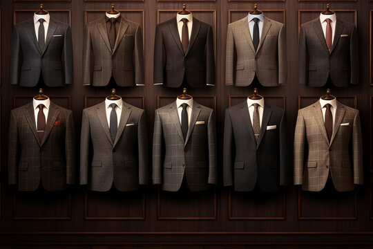 Clothes And Accessories Concept. Various Classic Man Suits Background With Copy Space. Generative AI