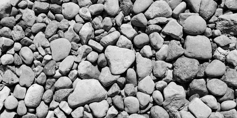 Abstract black and white background with dry stones, cobblestones, gravel. Gravel texture or background for design, for banner. Real grunge background texture and small stone. Close-up, top view..