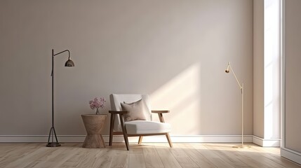 Modern living room interior with white walls, wooden floor, beige sofa