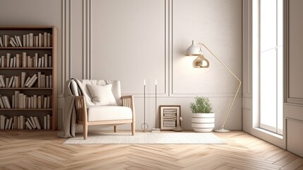 Fototapeta premium Modern living room interior with white walls, wooden floor, beige sofa