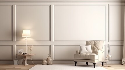 Fototapeta na wymiar Modern living room interior with white walls, wooden floor, beige sofa