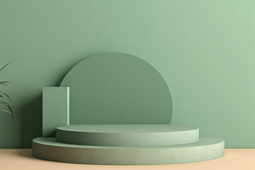Minimal empty podium for product presentation on sage green background. Generative AI