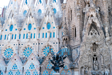 Barcelona, Spain, May 27 2022. Close-up of the facade of the famous Sagrada Familia Cathedral. The...
