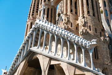 Barcelona, Spain, May 27 2022. Close-up of the facade of the famous Sagrada Familia Cathedral...