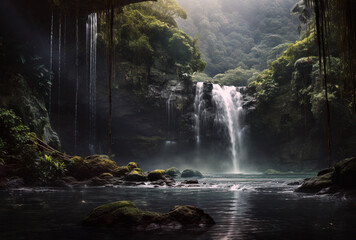 a waterfall in a dark rain forest